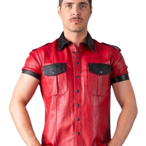 Slim Fit Leather Shirt <b>Red</b> <b>and</b> <b>Black</b> Mens Faux Leather Short Sleeve Fetish Button Down <b>Top</b> - Product Image 1
