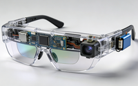 Modèle de prototype de lunettes intelligentes à réalité augmentée futuristes avec lentille holographique transparente et capteur LiDAR intégré