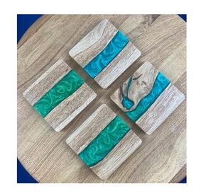 Sous-verres époxy de style indien en bois d'acacia carré et bleu en résine époxy pour boire du thé et du café - Product Image 1