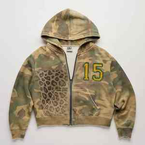 เสื้อฮู้ดดี้ลายพรางแบบกำหนดเองจากผู้ผลิต ดีไซน์ลายเสือดาววินเทจ ลุคซักฟอก แต่งลายปัก ซิป - Product Image 1