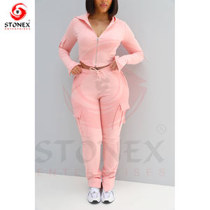 ชุดวอร์มและเสื้อมีฮู้ดสำหรับผู้หญิงเสื้อผ้าสองชิ้นชุดครอปสูทมีซิป - Product Image 1