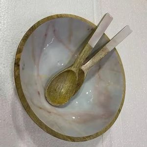 Cuenco de resina de mármol desechable y respetuoso con el medio ambiente de lujo natural, cuchara de madera, cuenco para servir ensalada hecho a mano para cocina, vajilla para el hogar - Product Image 2