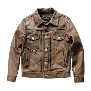 Chaqueta de piel de oveja genuina desgastada de motorista para hombre con chaqueta de cuero genuino de calidad de tendencia superior totalmente personalizada para hombres Servicios OEM - Product Image 1