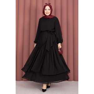 Robe en mousseline de soie noire à volants asymétriques, coupe trapèze, taille naturelle - Product Image 3