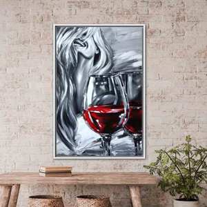 Impression sur toile d'art moderne : décoration murale Femme et Vin pour la maison, encadrée en blanc - Product Image 1