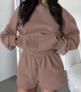 <b>Women</b> Solid 100% Cotton Modern Hoodie with <b>Shorts</b> Set Casual Relaxed Fit Two Piece Outfit for Urban Daily Comfort Wear - Product Image 5