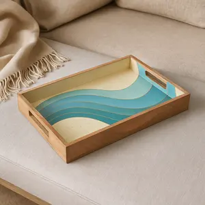 Plateau de service décoratif en bois moderne fait à la main, nouveau design avec motif de vagues océaniques, forme rectangulaire ronde pour la vaisselle. - Product Image 3