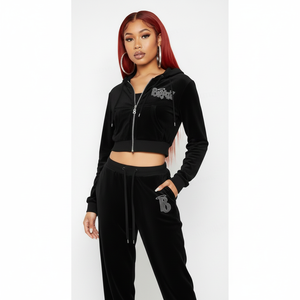 Fall Winter Women's <b>Plus</b> <b>Size</b> <b>2</b>-<b>Piece</b> Velvet Tracksuit <b>Set</b> Long Sleeve Zip-Up Hooded & Flare <b>Pants</b> - Product Image 3