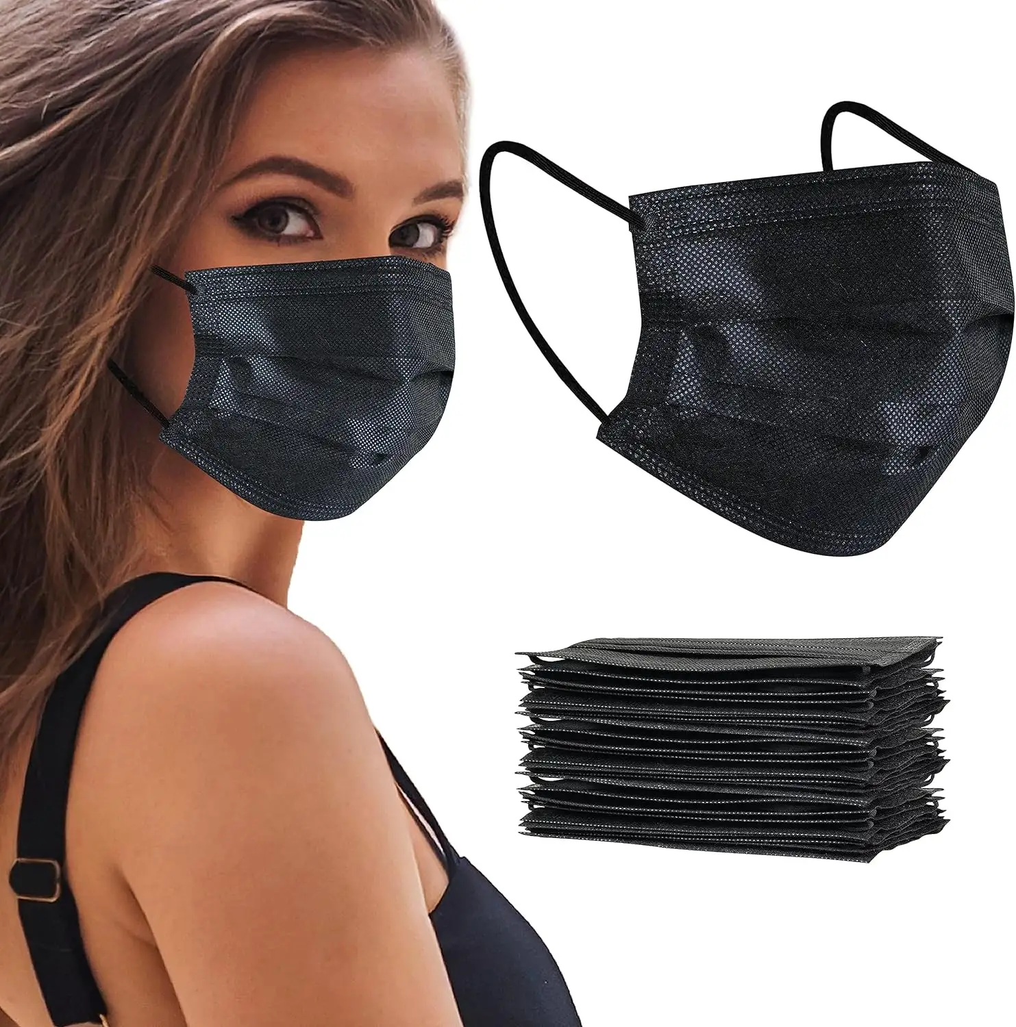 Black Comfortable Non-woven Fabric Masks 50 pcs Ear loop Surgical Masks Face Masks Disposable For Men and Women