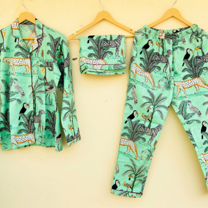 ชุดนอนผ้าฝ้ายพิมพ์ลายแบบบล็อกสำหรับผู้หญิงชุดอยู่บ้านผ้าฝ้ายแท้พร้อมชุดเสื้อเชิ๊ตสำหรับฤดูร้อนอินเดีย - Product Image 1