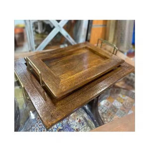 ขนาดและรูปร่างที่กําหนดเองถาดเสิร์ฟอาหารไม้และถาดเสิร์ฟอาหารแม่มุกทํางานพร้อมที่จับทองเหลือง - Product Image 4