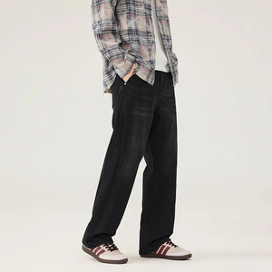 Jean en denim noir taille haute coupe droite délavé pour homme, style décontracté, coupe régulière, tissu coton automne - Product Image 2