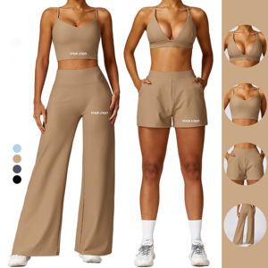 Ensemble de yoga et fitness 2 pièces côtelé sans couture pour femme, débardeur et soutien-gorge de sport avec poches, en molleton uni 100 % coton respirant - Product Image 4