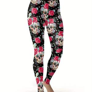 Leggings de yoga à taille haute pour femmes, super doux, extensibles et confortables, motif Skull Flora - Product Image 1