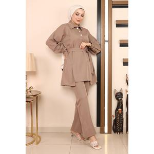 MSW19129-3 Conjunto casual de dos piezas con top midi de manga larga y cuello redondo, 100% poliéster, con dobladillo dividido - Product Image 4