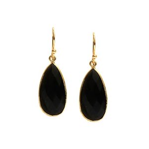Gold-Plated <b>Black</b> <b>Onyx</b> Bezel-Set Pear Dangle <b>Earrings</b> 15x10mm July Birthstone Fashion Jewelry - Product Image 1