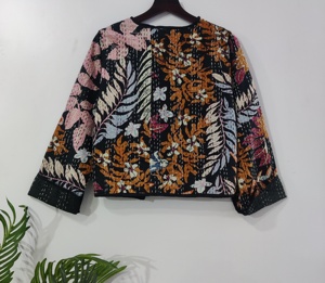 Handmade <b>Kantha</b> Cotton <b>Jacket</b> with Embroidery Reversible Short Winter Coat with Floral Print for Women - Product Image 6