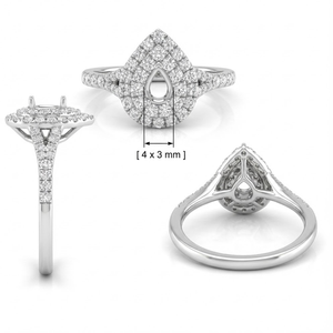 Anillo de oro macizo de 18 quilates con diamantes naturales, engaste en blanco, hombro dividido, corte pera, semimontura, halo de doble nivel para compromiso - Product Image 4
