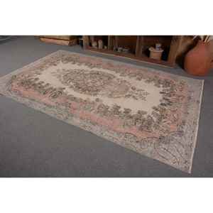 พรมตุรกีวินเทจคลาสสิกสีเบจสีชมพู5.5 x ขนแกะเป็นมิตรกับสิ่งแวดล้อมกองขนาดกลางทอลายปริศนาสี่เหลี่ยมผืนผ้าห้องรับประทานอาหาร - Product Image 3