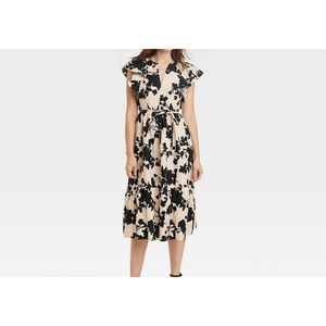 Vestido Midi Floral Beige y Negro para Mujer, Marca New Day, con Mangas con Volantes, Cintura Imperio, Decoración Fruncida, Transpirable, Talla XS - Product Image 2