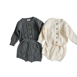 学步女孩男孩套装秋冬男孩女孩婴儿针织毛衣开衫 + 短裤套装婴儿服装套装