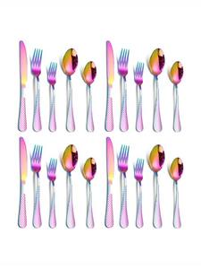 Ensemble de couverts écologiques en acier inoxydable arc-en-ciel coloré, manche à carreaux, couverts élégants pour la maison, les repas en plein air, les voyages - Product Image 6