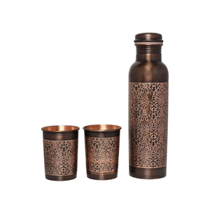 Classic Copper Water <b>Bottle</b> With 2 Tumblers Gift Set Antique Etching Floral Pattern Handcrafted Ayurvedic Drinkware For Health - Product Image 1