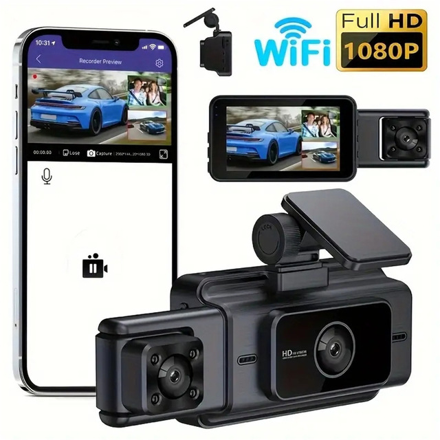 3 Inch Car & Vehicle Monitor Dash Cameras for Car 1080p Front and Rear 3 Channel Car DashCam 4g 360 Degree