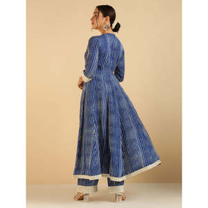 Conjunto de Túnica Elegante Bordada con Rayas Azules y Pantalones Palazzo para Mujer, Mangas Tres Cuartos, Tela Crepé, Primavera/Verano - Product Image 4