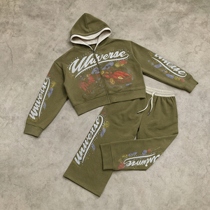 Ensemble de survêtement pour homme avec logo personnalisé, impression numérique hip-hop, délavage acide, strass, double couche, sweat-shirt à capuche court et pantalon de survêtement - Product Image 2