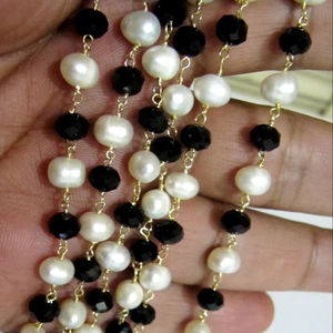 Espinela negra natural y cadena de cuentas de perlas de agua dulce 6mm tamaño 18K Material de latón chapado en oro Rosario para la fabricación de joyas - Product Image 4