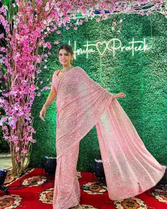 Bộ Sưu Tập Mới Ấn Độ Bên Mặc Georgette Sequance Thêu Làm Việc Màu Hồng Saree Với Công Việc Áo Ra Mắt