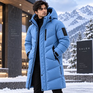 SALEH ENTERPRISES Men's Low MOQ Winter Canvas <b>Long</b> <b>Puffer</b> <b>Jacket</b> Quilted Layers Warm Interior Adjustable <b>Hood</b> Front Logo Design - Product Image 1