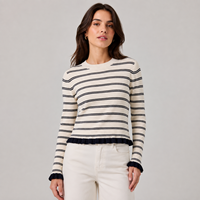 Pull en tricot rayé pour femme, col rond, manches longues, ourlet à volants, noir et blanc, tricot décontracté, fabrication OEM sur mesure, vente en gros