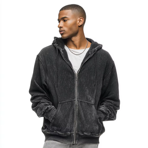 Sweat à capuche zippé brodé personnalisé Fabricant de sweat à capuche zippé noir surdimensionné et lourd délavé à l'acide - Product Image 2