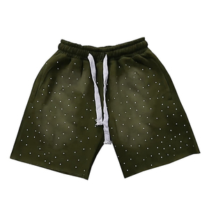 Pantalones cortos de sudor de felpa francesa con lavado ácido de peso pesado para hombre con diseño de diamantes de imitación desteñidos por el sol y pantalones cortos con cordón en el logotipo frontal - Product Image 3