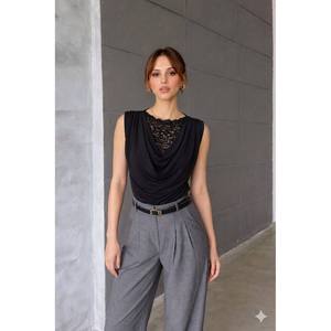 Blusa Negra con Detalles de Encaje para Mujer Mybeefashion, Elegante Top de Mezcla de Algodón para Uso Diario, Tallas S-XL - Product Image 2