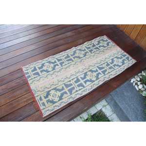 Petit tapis turc 1,7x3,6 pi (53x110 cm), tapis persan en laine bleu vintage - Product Image 2