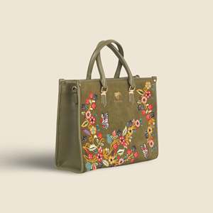 Bolso Tote Bohemio Priglob Exim de Cuero Vegano con Bordado de Hilo de Algodón para Mujer, Verde Oliva, Alta Calidad, Todas las Temporadas, PickAleaf Hasps - Product Image 5