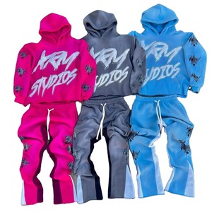 Ensemble de survêtement unisexe délavé effet usé, brodé, pour sports d'hiver, comprenant un sweat à capuche et un pantalon de jogging évasé - Product Image 1