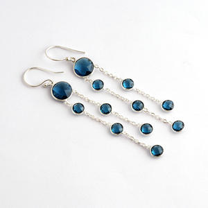 Luxe élégant petit rond à facettes londres bleu quartz lunette ensemble longue chaîne boucles d'oreilles argent plaqué lustre boucle d'oreille cadeau pour elle - Product Image 1