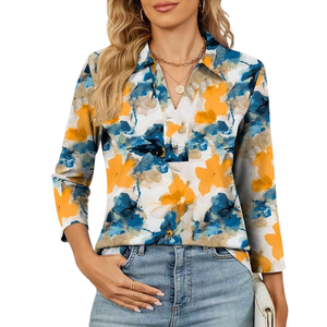 Chemisier Premium pour Femme à Col et Encolure en V, Manches 3/4, en Polaire Spandex/Coton, Écologique, Élégant, Coupe Ample, Idéal pour le Bureau et les Tenues Décontractées Professionnelles - Product Image 1