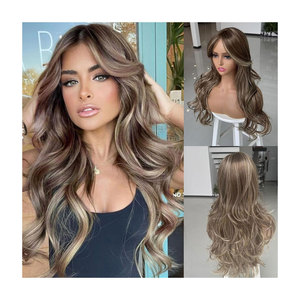 Perruque Longue Ondulée Naturelle avec Frange Rideau, Cheveux Synthétiques Bruns Foncé pour Femme, Blond Miel, Mixte, Brun Doré - Product Image 1