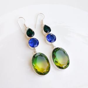 Boucles d'oreilles en tourmaline bicolore multi-pierres, plaquées argent, boucles d'oreilles en cristal, bijoux bohèmes faits à la main, cadeau pour elle - Product Image 3