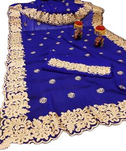 Vêtements de fête Designer Brodé Net Soie Fleur Conception Indienne Dames Porter Orange Couleur Saree avec Blouse Pièce Perle Travail Sari ApparelGarment - Product Image 1