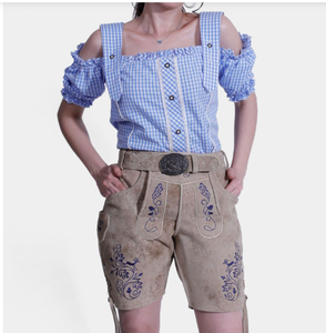 Short Lederhosen en cuir lisse fendu de vache véritable pour femme Poches avant Boutons brodés - Product Image 4