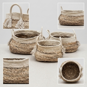 Ensemble de paniers de rangement en jute et écorce de bananier naturelle, avec poignée arquée à franges et pompons, pot de fleurs ovale peu profond, décoration artistique pour la maison et artisanat - Product Image 2