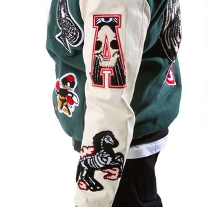 Alta calidad personalizada ODM OEM hombres lana Letterman Varsity chaqueta de cuero Real con capucha cuello suelto felpa bordado ropa de invierno - Product Image 6