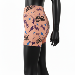 Shorts de sport pour femme en polyester et élasthanne, maille côtelée extensible GSM de haute qualité, couleur pêche, impression par sublimation, logo. - Product Image 3