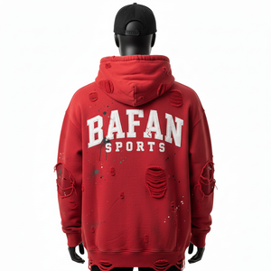 เสื้อฮู้ดดี้ผ้าฝ้ายฟลีซ 350 GSM สีแดง แต่งรอยขาด สไตล์สเปรย์ นุ่ม อุ่น สกรีนโลโก้ปักเองได้ เสื้อฮู้ดดี้พื้นฐาน - Product Image 3